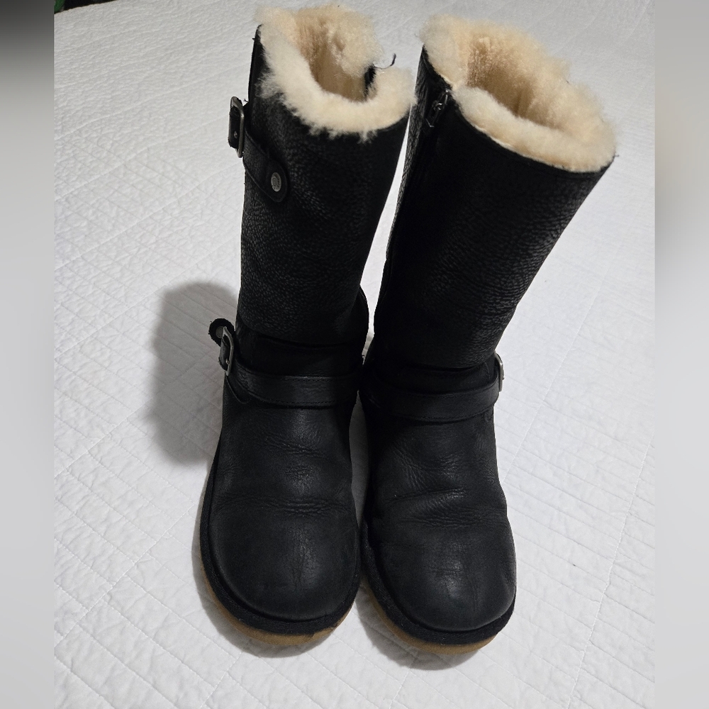UGG Black Leather Winter Boots with Cream Lining